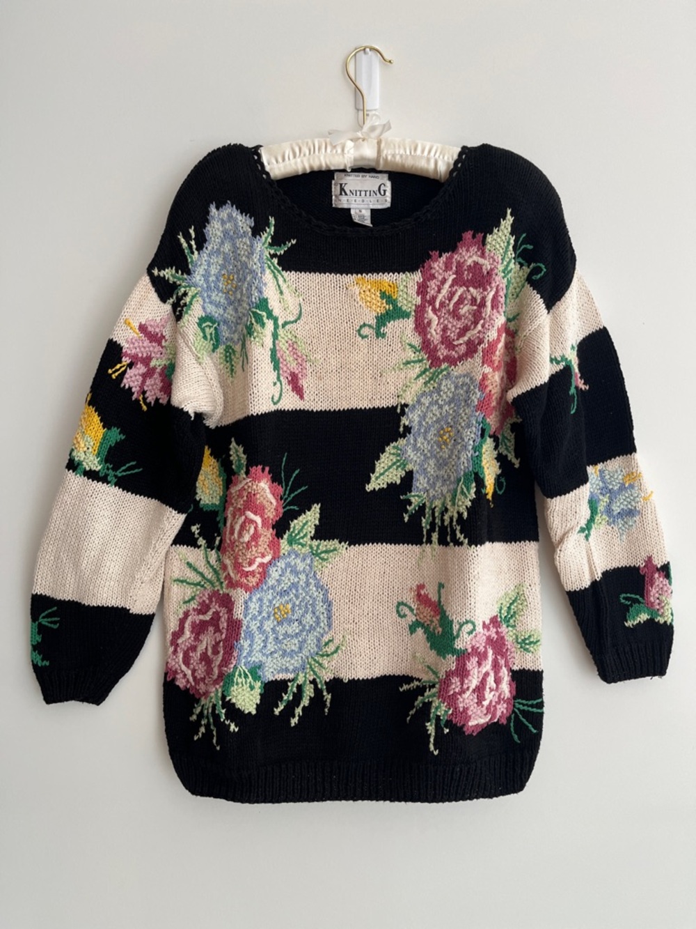 VINTAGE Striped Floral Hand Knit Round Neck Sweater Shoulder Pads Retro 80's